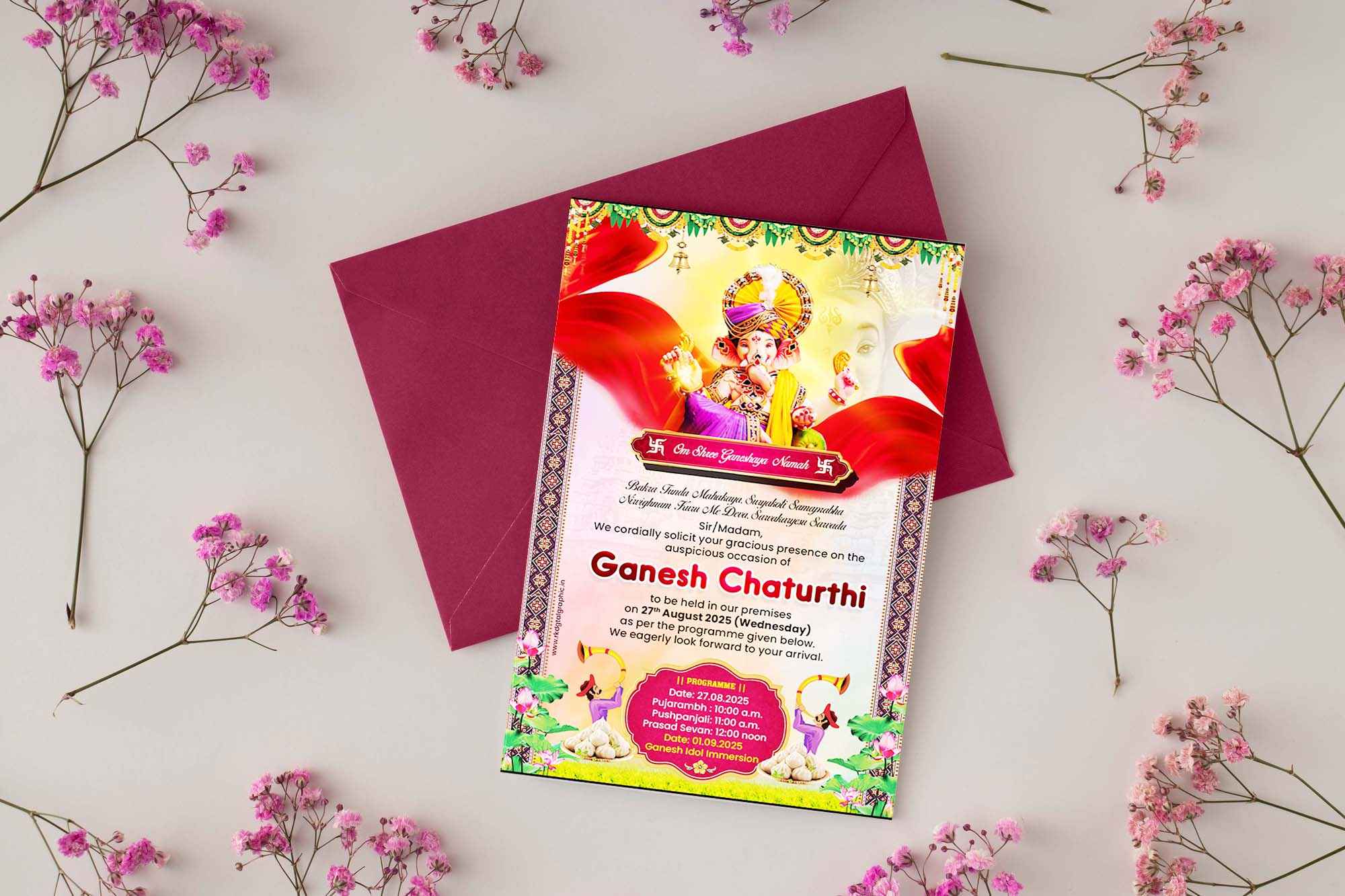 Ganesh Chaturthi invitation card and envelope design – 6x4 inches, fully editable high-resolution Hindu festival template with traditional Lord Ganesha artwork