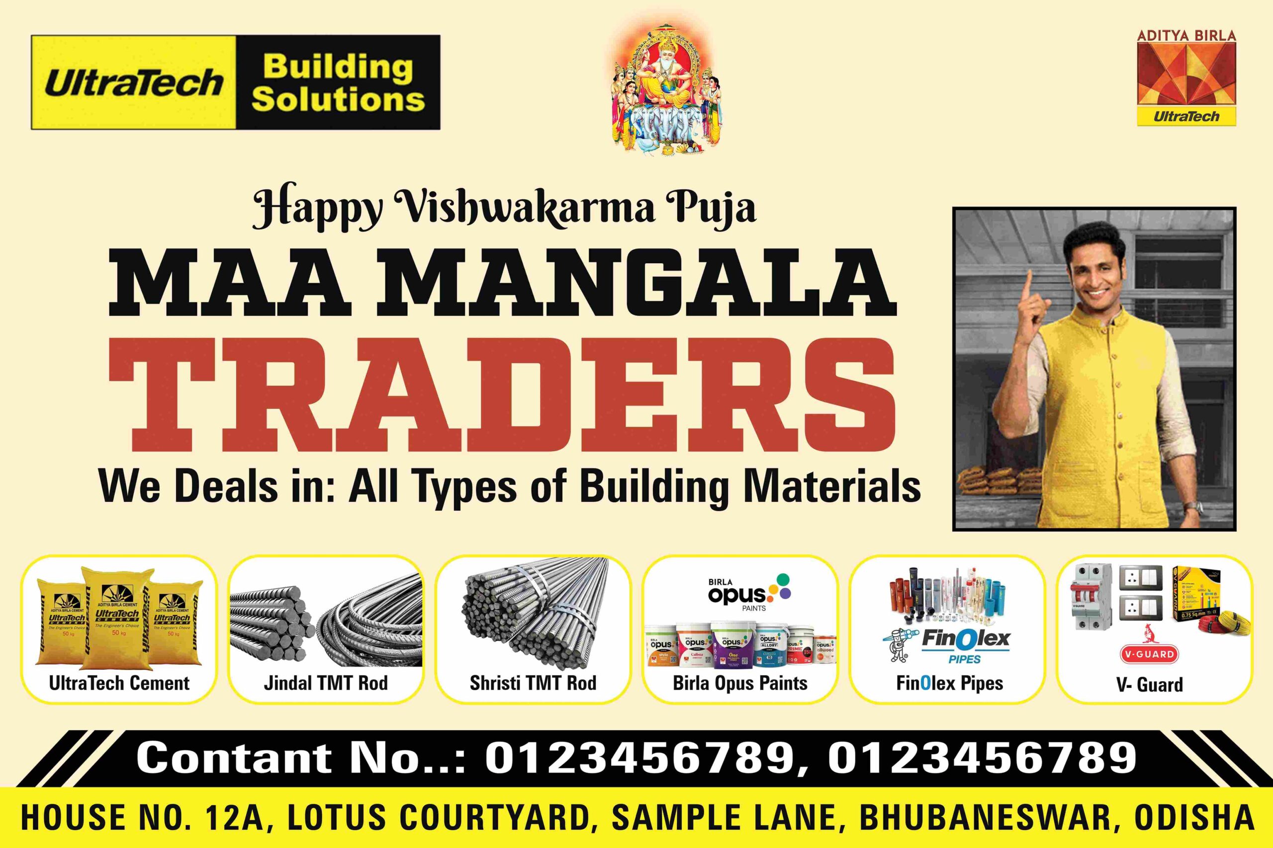 10x15 UltraTech Maa Mangala Traders PSD Banner Template for building material shop